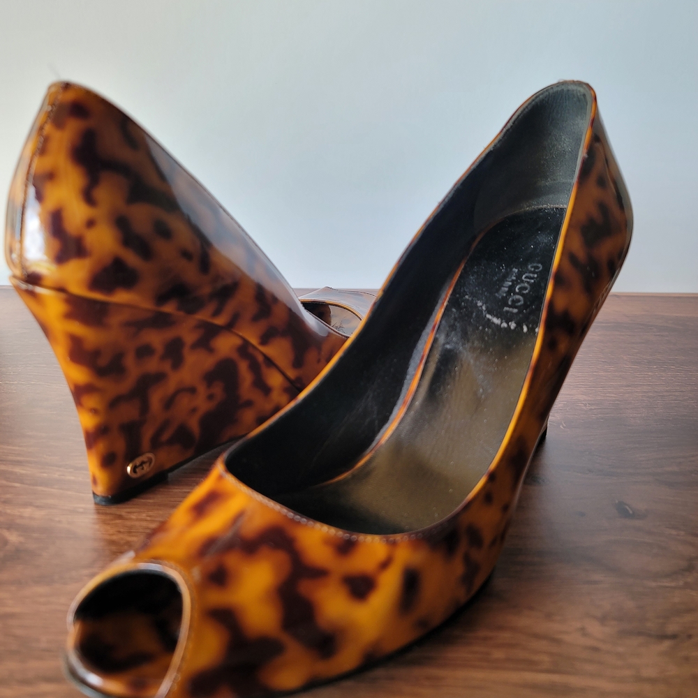 Gucci Women's Tortoiseshell Peep Toe Wedges